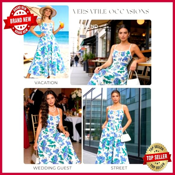 Summer Maxi Dress Floral Boho Tie Front Spaghetti Strap Sundress with Pockets - Picture 4 of 7